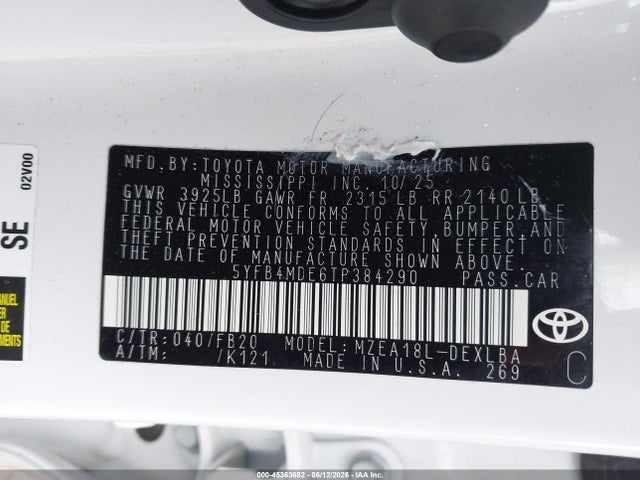 Продаж на аукціоні авто 2026 Toyota Corolla Le, vin: 5YFB4MDE6TP384290, номер лоту: 45363682