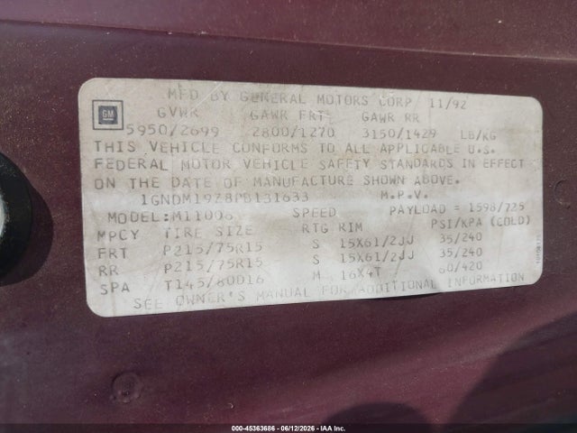 Aukcja sprzedaży 1993 Chevrolet Astro, vin: 1GNDM19Z8PB131633, numer aukcji: 45363686