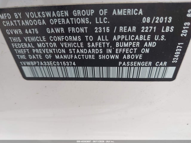 Aukcja sprzedaży 2014 Volkswagen Passat 2.5l Se, vin: 1VWBP7A33EC015374, numer aukcji: 45363697