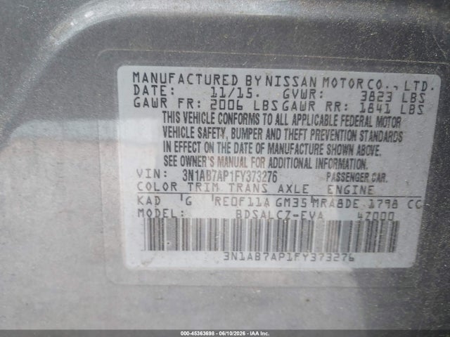 Aukcja sprzedaży 2015 Nissan Sentra S, vin: 3N1AB7AP1FY373276, numer aukcji: 45363698