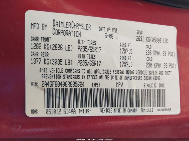 Auction sale of the 2006 Chrysler Pacifica Touring, vin: 2A4GF68406R885624, lot number: 45363706