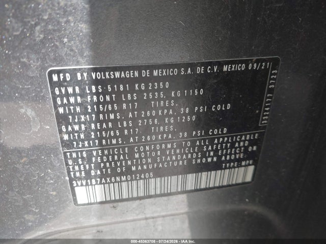 45363708 :رقم المزاد ، 3VV1B7AX6NM012405 vin ، 2022 Volkswagen Tiguan 2.0t S مزاد بيع