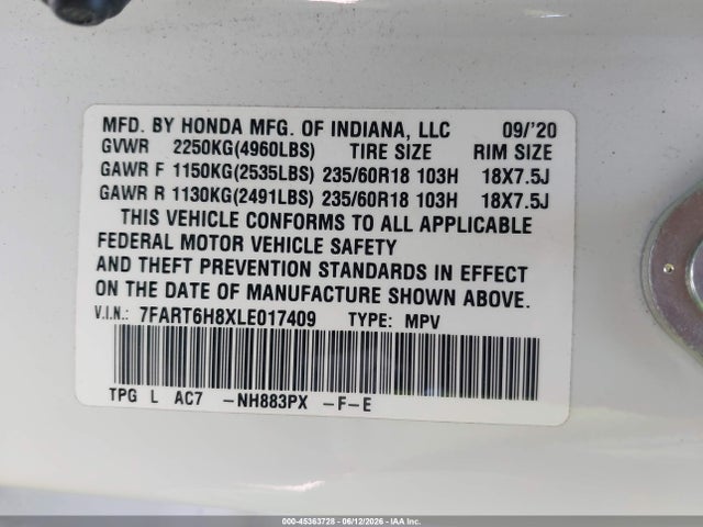 2020 Honda Cr-v Hybrid Ex-l მანქანა იყიდება აუქციონზე, vin: 7FART6H8XLE017409, აუქციონის ნომერი: 45363728