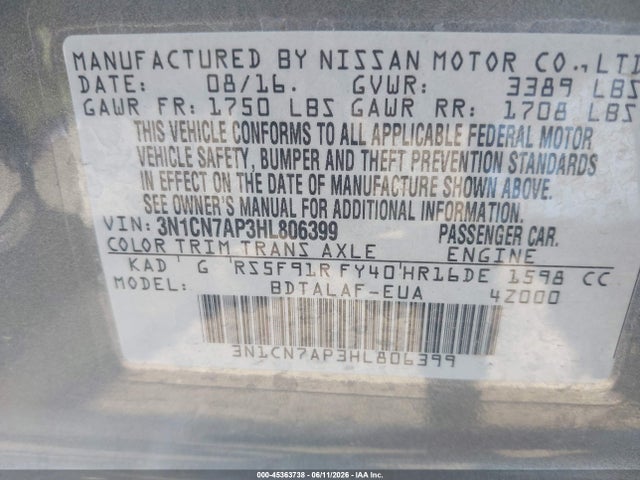 Продажа на аукционе авто 2017 Nissan Versa 1.6 S, vin: 3N1CN7AP3HL806399, номер лота: 45363738