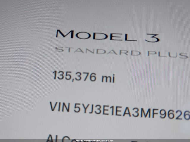 45363749 :رقم المزاد ، 5YJ3E1EA3MF962631 vin ، 2021 Tesla Model 3 Standard Range Plus Rear-wheel Drive مزاد بيع