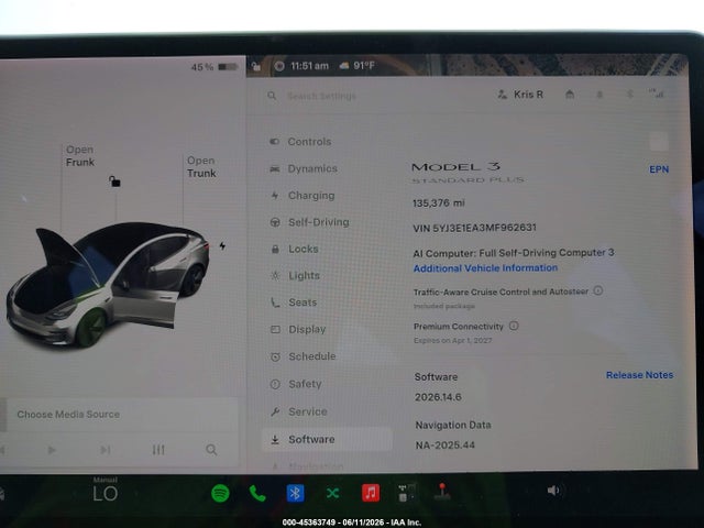 45363749 :رقم المزاد ، 5YJ3E1EA3MF962631 vin ، 2021 Tesla Model 3 Standard Range Plus Rear-wheel Drive مزاد بيع