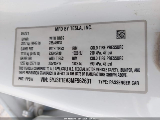 45363749 :رقم المزاد ، 5YJ3E1EA3MF962631 vin ، 2021 Tesla Model 3 Standard Range Plus Rear-wheel Drive مزاد بيع