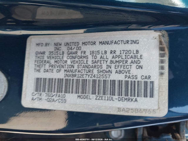Aukcja sprzedaży 2000 Toyota Corolla Ve, vin: 1NXBR12E7YZ412557, numer aukcji: 45363751