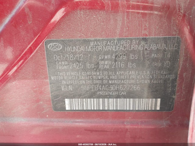 Aukcja sprzedaży 2013 Hyundai Sonata Gls, vin: 5NPEB4AC3DH627266, numer aukcji: 45363759