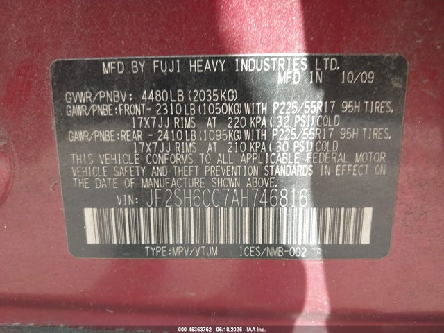 Aukcja sprzedaży 2010 Subaru Forester 2.5x Premium, vin: JF2SH6CC7AH746816, numer aukcji: 45363762