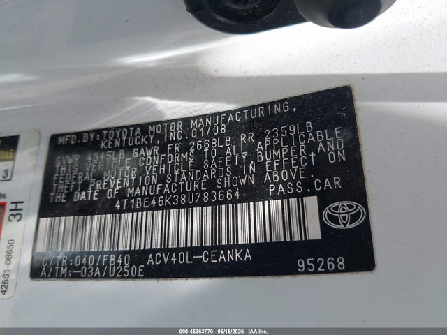 Aukcja sprzedaży 2008 Toyota Camry, vin: 4T1BE46K38U783664, numer aukcji: 45363770