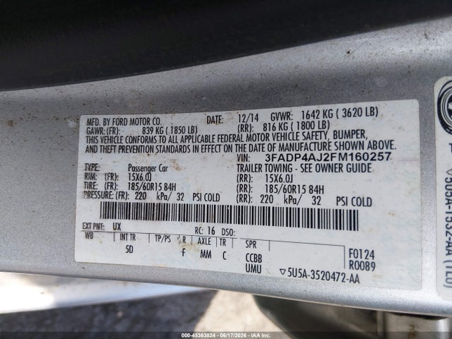 Aukcja sprzedaży 2015 Ford Fiesta S, vin: 3FADP4AJ2FM160257, numer aukcji: 45363824