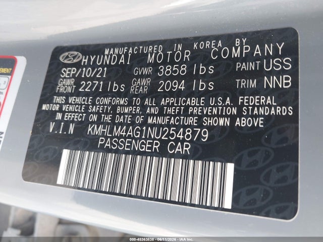 Aukcja sprzedaży 2022 Hyundai Elantra Sel, vin: KMHLM4AG1NU254879, numer aukcji: 45363838