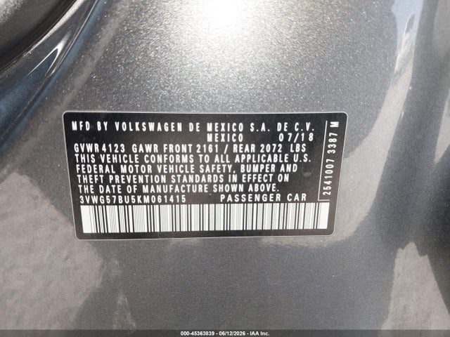 45363839 :رقم المزاد ، 3VWG57BU5KM061415 vin ، 2019 Volkswagen Jetta 1.4t Sel Premium مزاد بيع