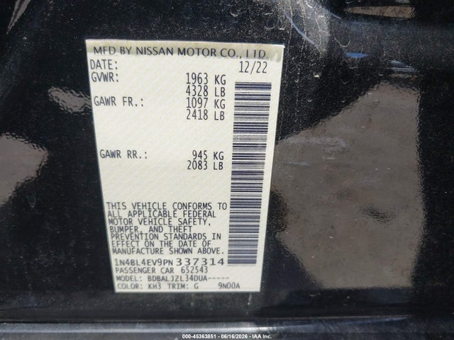 2023 Nissan Altima Sl Fwd მანქანა იყიდება აუქციონზე, vin: 1N4BL4EV9PN337314, აუქციონის ნომერი: 45363851