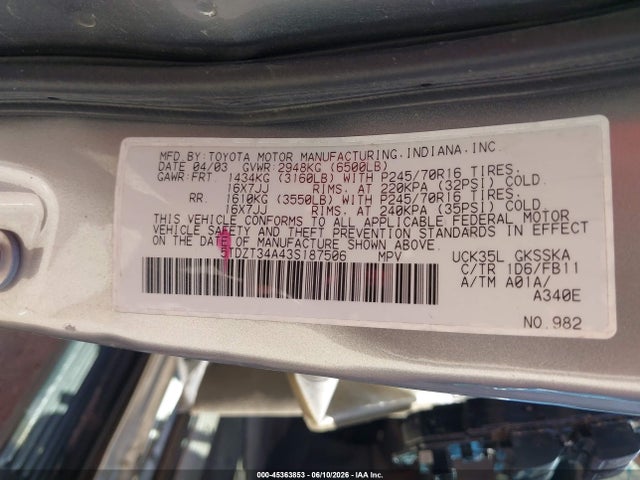 Продаж на аукціоні авто 2003 Toyota Sequoia Sr5 V8, vin: 5TDZT34A43S187506, номер лоту: 45363853
