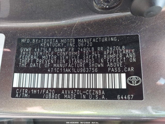 45363858 :رقم المزاد ، 4T1C11AK1LU963756 vin ، 2020 Toyota Camry Le مزاد بيع