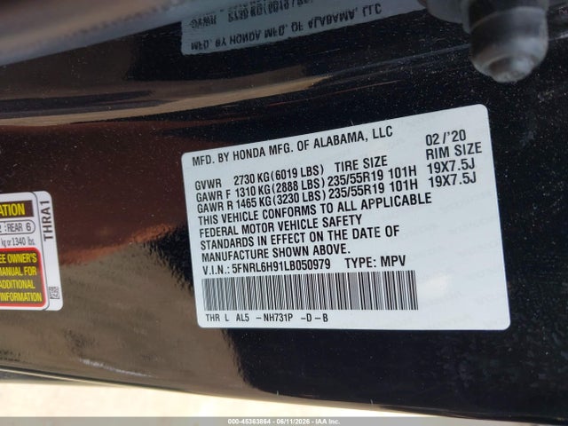 45363864 :رقم المزاد ، 5FNRL6H91LB050979 vin ، 2020 Honda Odyssey Elite مزاد بيع