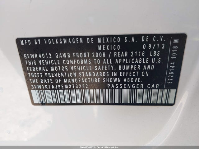 Aukcja sprzedaży 2014 Volkswagen Jetta 2.0l S, vin: 3VW1K7AJ9EM373232, numer aukcji: 45363872