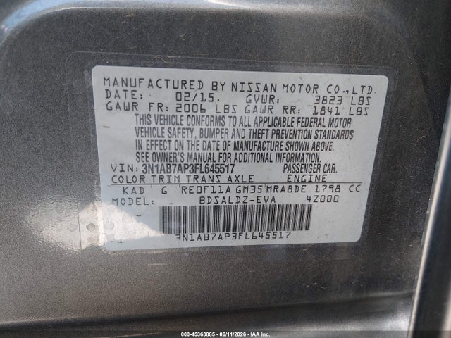 45363885 :رقم المزاد ، 3N1AB7AP3FL645517 vin ، 2015 Nissan Sentra Sv مزاد بيع