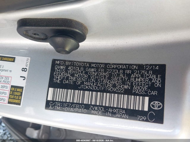 45363887 :رقم المزاد ، JTDKN3DU1F1909022 vin ، 2015 Toyota Prius Two مزاد بيع