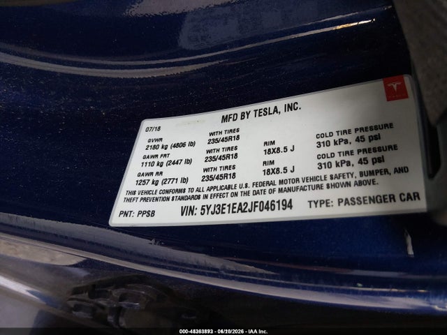 Tesla Model 3 Long Range/mid Range 2018 5YJ3E1EA2JF046194 Image 9