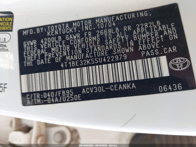 Aukcja sprzedaży 2005 Toyota Camry Le, vin: 4T1BE32K55U422979, numer aukcji: 45363894