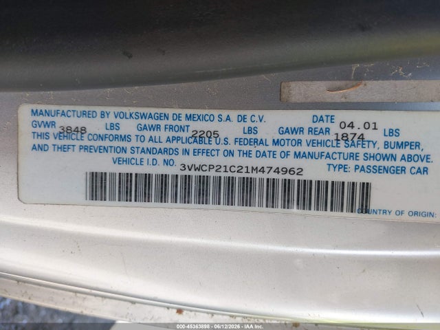 Aukcja sprzedaży 2001 Volkswagen New Beetle Gls Tdi, vin: 3VWCP21C21M474962, numer aukcji: 45363898