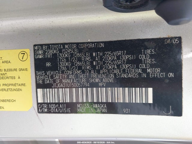 Aukcja sprzedaży 2005 Lexus Rx 330, vin: JTJGA31U150057794, numer aukcji: 45363925
