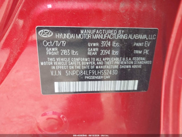Продажа на аукционе авто 2020 Hyundai Elantra Sel, vin: 5NPD84LF9LH552430, номер лота: 45363948