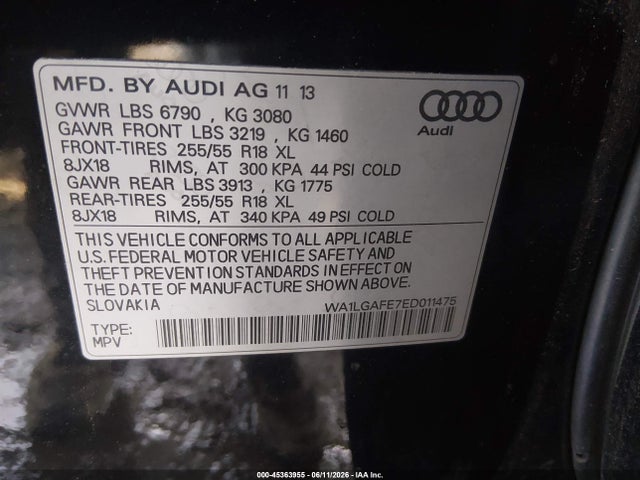 45363955 :رقم المزاد ، WA1LGAFE7ED011475 vin ، 2014 Audi Q7 3.0t Premium مزاد بيع