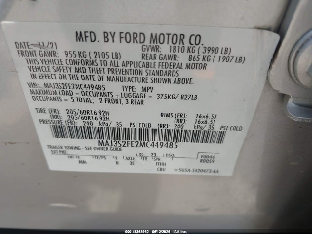 Aukcja sprzedaży 2021 Ford Ecosport S, vin: MAJ3S2FE2MC449485, numer aukcji: 45363962