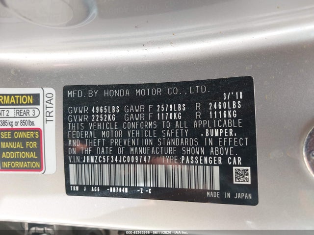 45363966 :رقم المزاد ، JHMZC5F34JC009747 vin ، 2018 Honda Clarity Plug-in Hybrid Touring مزاد بيع