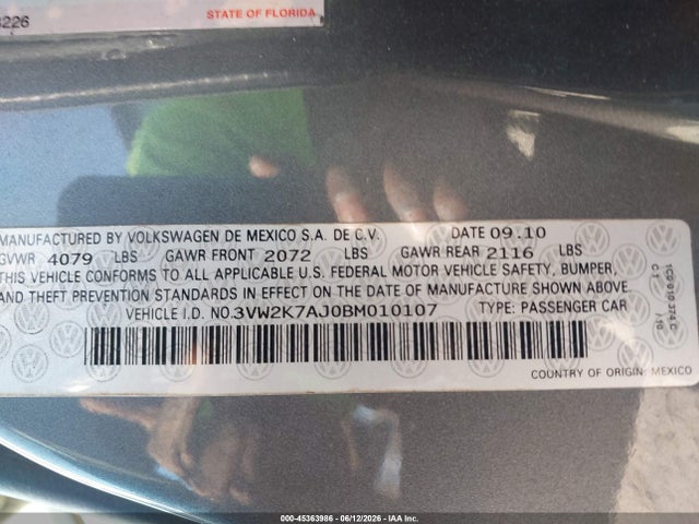 Продажа на аукционе авто 2011 Volkswagen Jetta 2.0l S, vin: 3VW2K7AJ0BM010107, номер лота: 45363986