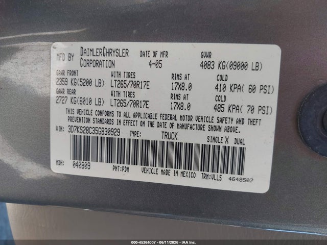 2005 Dodge Ram 2500 Slt/laramie მანქანა იყიდება აუქციონზე, vin: 3D7KS28C35G830929, აუქციონის ნომერი: 45364007