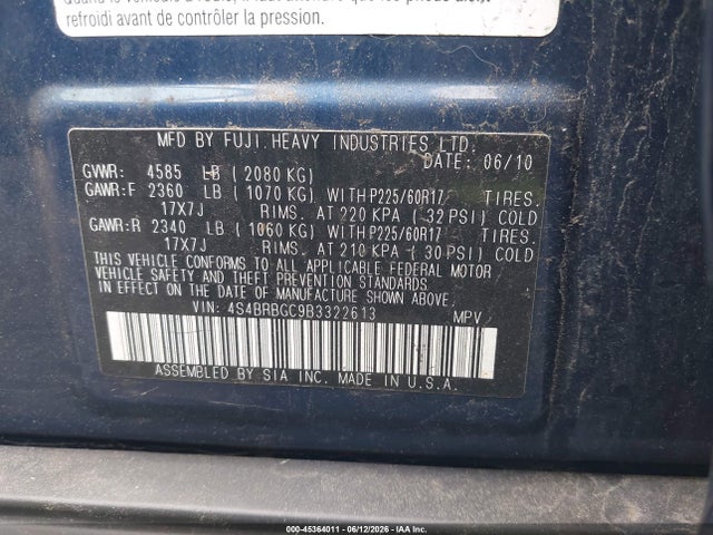 Продаж на аукціоні авто 2011 Subaru Outback 2.5i Premium, vin: 4S4BRBGC9B3322613, номер лоту: 45364011