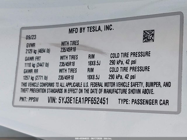 Tesla Model 3 Rear-wheel Drive 2023 5YJ3E1EA1PF652451 Image 9