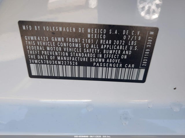 3VWC57BU3KM227526 Volkswagen Jetta 1.4t R-line/1.4t S/1.4t Se