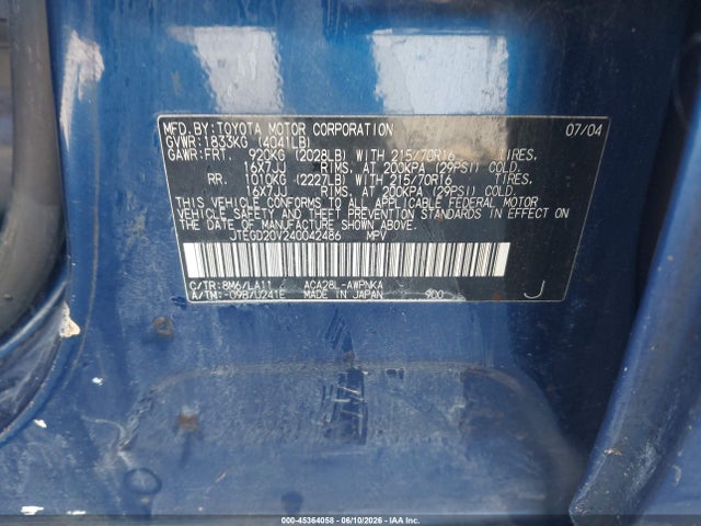 Aukcja sprzedaży 2004 Toyota Rav4, vin: JTEGD20V240042486, numer aukcji: 45364058