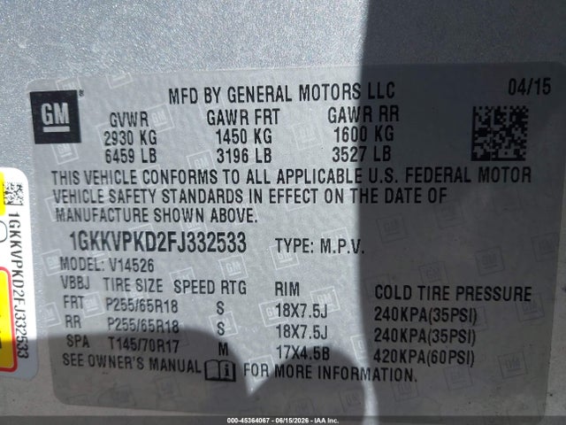 Aukcja sprzedaży 2015 Gmc Acadia Sle-2, vin: 1GKKVPKD2FJ332533, numer aukcji: 45364067