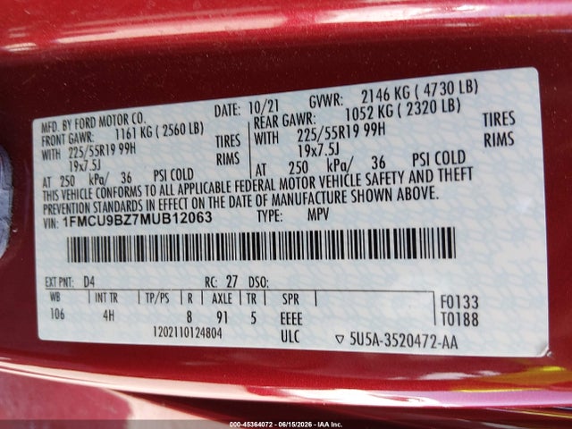 Продаж на аукціоні авто 2021 Ford Escape Se Hybrid, vin: 1FMCU9BZ7MUB12063, номер лоту: 45364072