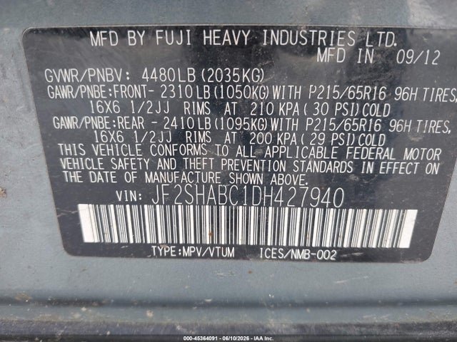 Aukcja sprzedaży 2013 Subaru Forester 2.5x, vin: JF2SHABC1DH427940, numer aukcji: 45364091