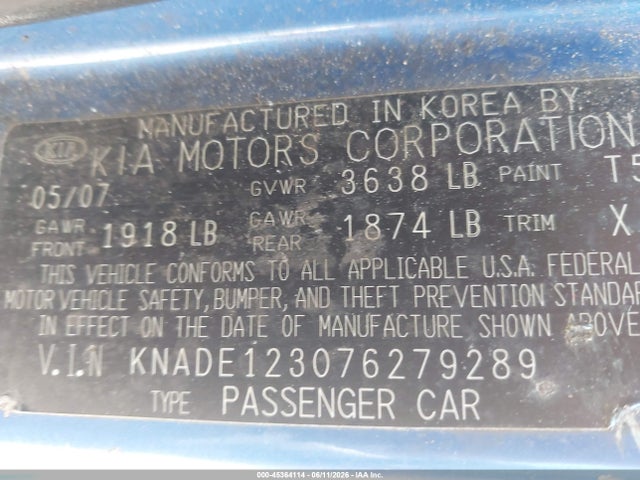 2007 Kia Rio Lx მანქანა იყიდება აუქციონზე, vin: KNADE123076279289, აუქციონის ნომერი: 45364114