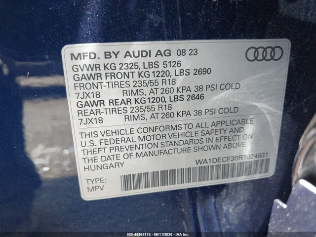 Aukcja sprzedaży 2024 Audi Q3 Premium 45 Tfsi S Line Quattro Tiptronic, vin: WA1DECF30R1024631, numer aukcji: 45364118