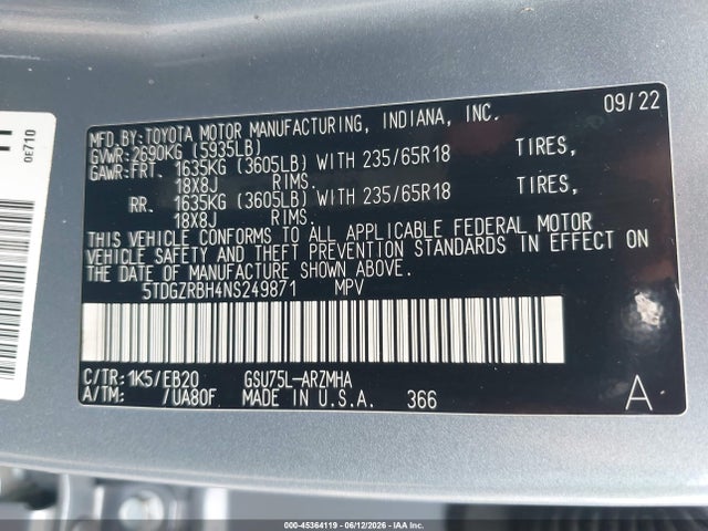 Aukcja sprzedaży 2022 Toyota Highlander Xle, vin: 5TDGZRBH4NS249871, numer aukcji: 45364119