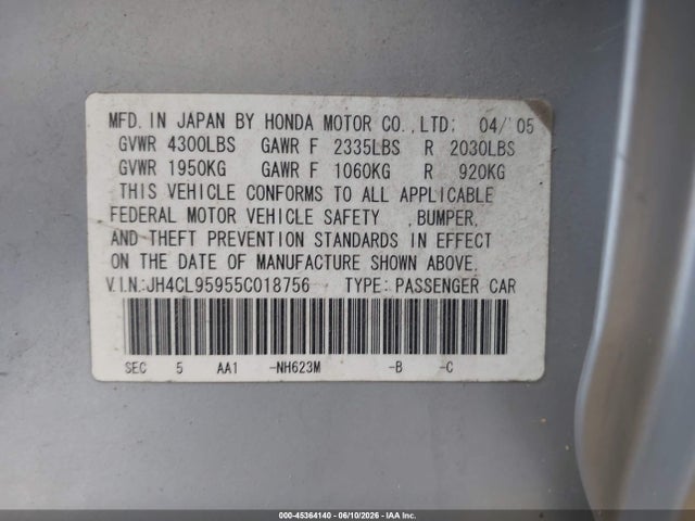 Aukcja sprzedaży 2005 Acura Tsx, vin: JH4CL95955C018756, numer aukcji: 45364140