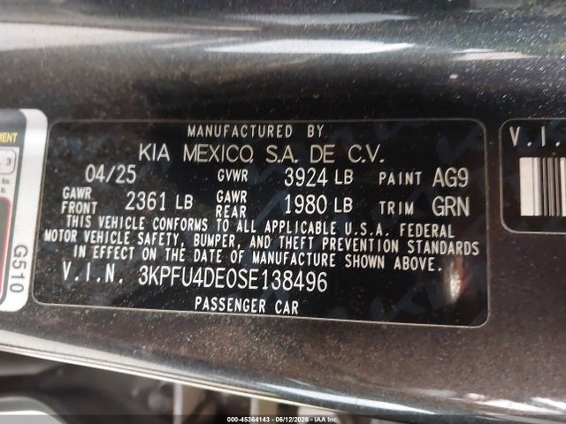 Aukcja sprzedaży 2025 Kia K4 Ex, vin: 3KPFU4DE0SE138496, numer aukcji: 45364143
