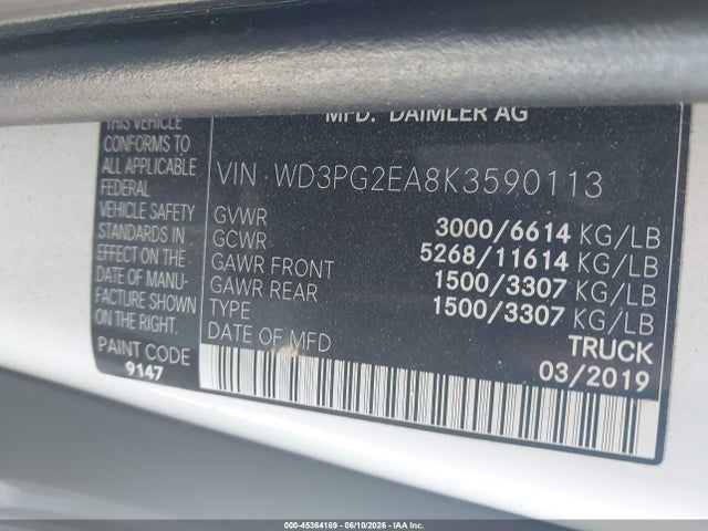 Aukcja sprzedaży 2019 Mercedes-benz Metris, vin: WD3PG2EA8K3590113, numer aukcji: 45364169