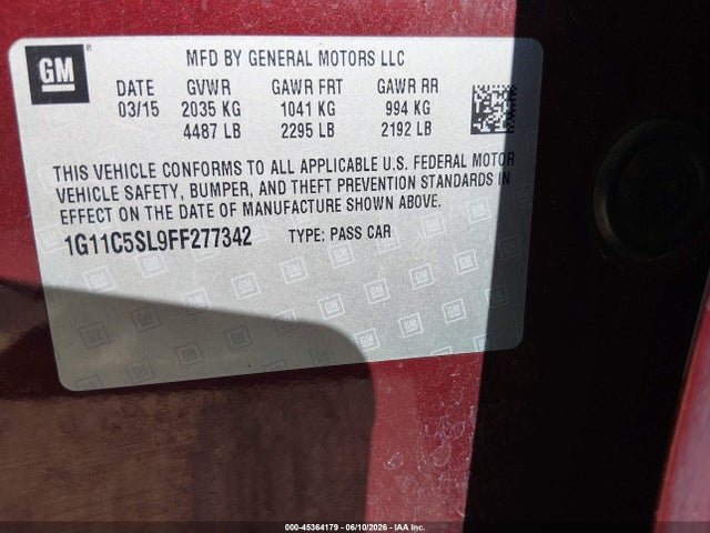 45364179 :رقم المزاد ، 1G11C5SL9FF277342 vin ، 2015 Chevrolet Malibu 1lt مزاد بيع