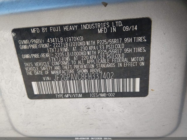 45364188 :رقم المزاد ، JF2GPAVC8EH337402 vin ، 2014 Subaru Xv Crosstrek 2.0i Premium مزاد بيع